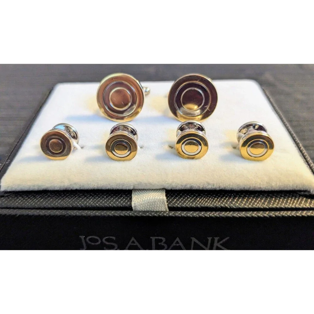 Jos A Bank Tuxedo Cufflink Stud Set Gold & Silver Circle Design French Cuffs